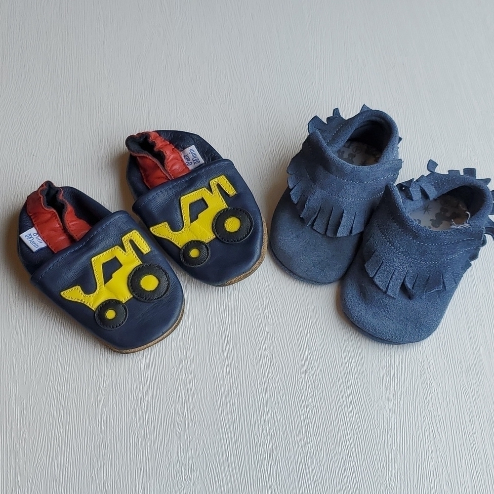 Petite Marin Leather Bulldozer and Blue Suede Baby Bootie Bundle